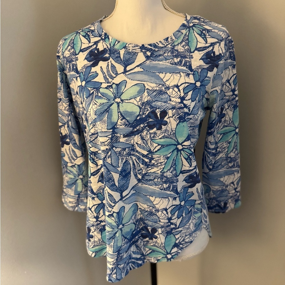 NEW ESCAPE BY HABITAT cotton slub floral shirt 3/4 sleeve. Size XS-S
